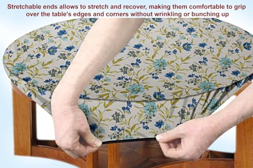 Image of The Furnishing Tree Elastic Cotton Round Center Table Cover 24x24 in Inches Floral Blue Leaf on offwhite Base