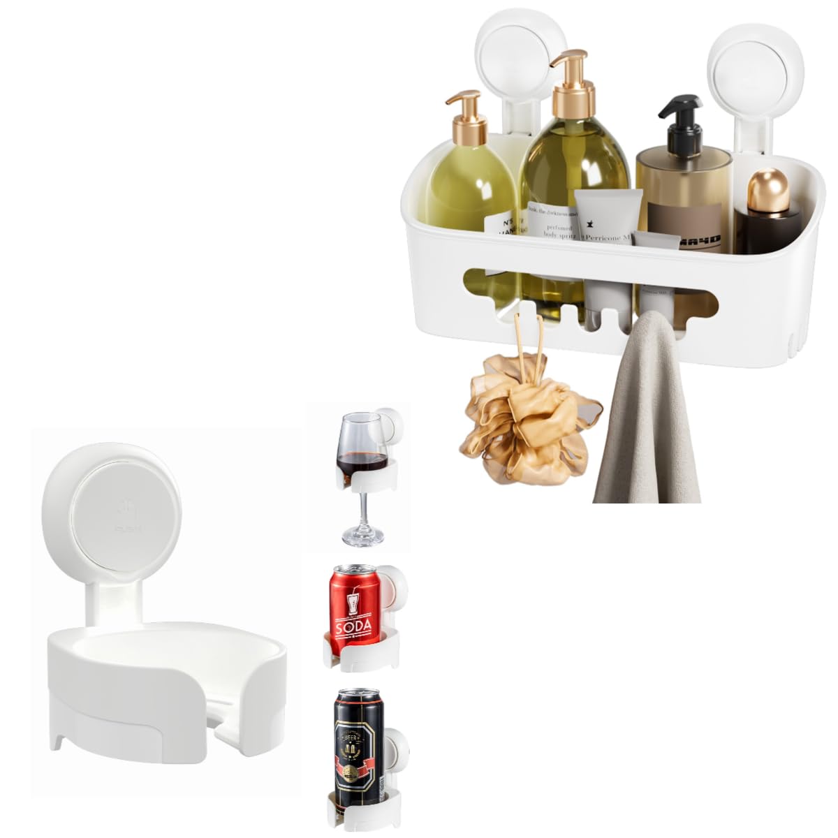 LEVERLOC Shower Caddy Suction Cup Wine Glass Holder Shower Shelf Basket Removable Powerful Organizer Max Hold 22lbs Bathroom