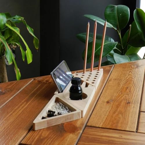 Image of Wooden Desk Organizer with Phone Stand, Multi-Compartment Stationery Holder, Natural Wood Finish (STYLE-6)