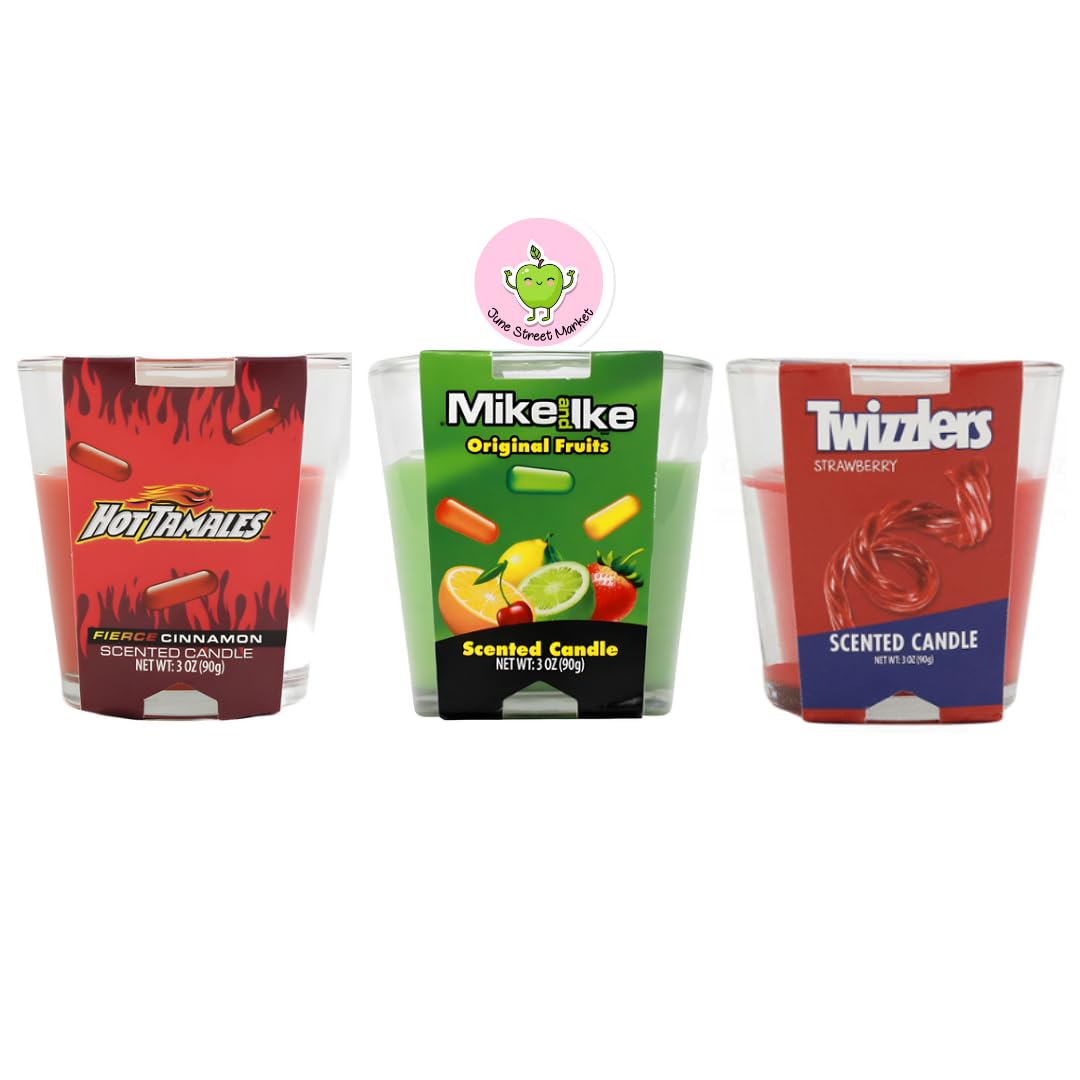 Candy and Sweet Treats 3 Candle Set Gift Box - Inspired by Popular Candy and Snack Cakes - Set of 3 Candles and June Street Market Kawaii Sticker (Style May Vary) (Fruit Candy)