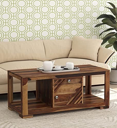 Image of A Beautiful Solid Sheesham Wood Coffee Table with Storage, Wooden Coffee Table for Home,Living Room, Bedroom | (Round Coffee Table |Walnut Brown)