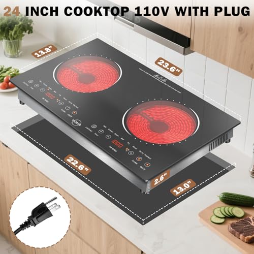 Hobsir 2 Burner Electric Cooktop 110v, 2000W, Electric Stove Top Burner, 24 Inch Countertop and Built-in Hot Plate Stove with Plug, LED Touch, Menu, Safety Lock for Kitchen Apartment RV Camp Stoves