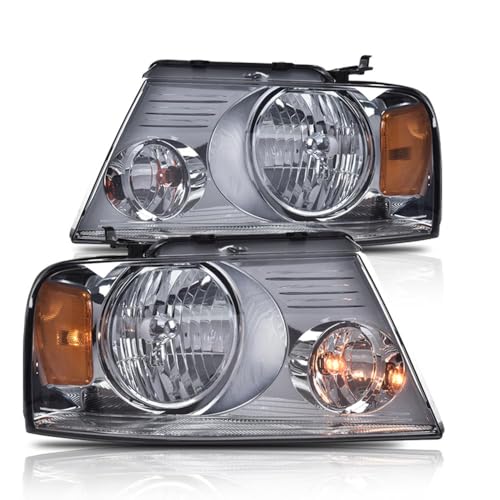 Image of GRAND ORANGE Headlight Assembly Compatible with Ford F150 2004 2005 2006 2007 2008 / Fit Lincoln Mark LT 2006-2008 Driver & Passenger Side Headlamp Smoke lens Chrome Houing Amber Reflector