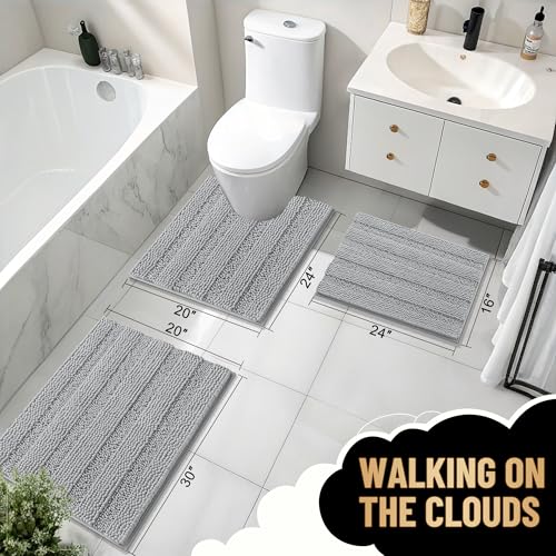 Image of OLANLY Thick Bathroom Runner Rugs 47x24, Extra Absorbent Chenille Striped Bath Rugs, Rubber Backing, Machine Wash Dry, Long Bath Mats for Bathroom, Tub and Shower, Home Decor Accessories, Light Grey