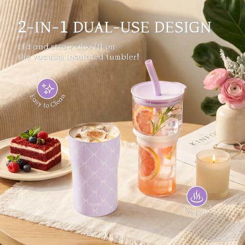 Image of YOME 20oz Elegant Purple Bow Insulated Glass Tumbler with Lid & Straw for Women Gift| Stainless Steel Iced Coffee Cup | Keep Drinks Cold |Cupholder Friendly |Ideal for Iced Coffee, Smoothies & Boba
