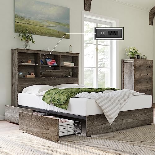 Amerlife Queen Size Bed Frame Wooden Platform Bed With 51.2'' Storage Bookcase Headboard, 4 Storage Drawers & Charging Station/No Box Spring Needed/Noise Free/Rustic Grey Wbf-002 #TOP14