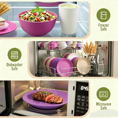 Image of Wheat Straw Dinnerware Sets 40 PCS Bowl and Plate Sets With Cup Dishes Set for 8 Unbreakable Dish Sets Microwave Safe Plates Dinner Bowls Drinking Glasses With 4 Color - Flower Color