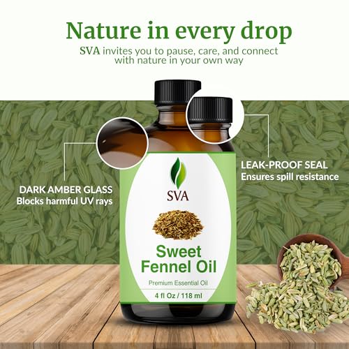 Image of SVA Sweet Fennel Essential Oil, Glass Bottle with Dropper, 4 Fl Oz (118 ml) | Sweet Fennel Essential Oil for Diffuser, Skin Care, Hair Care, Massage, Soap Making, Perfume Making, Fragrance & DIY Blending