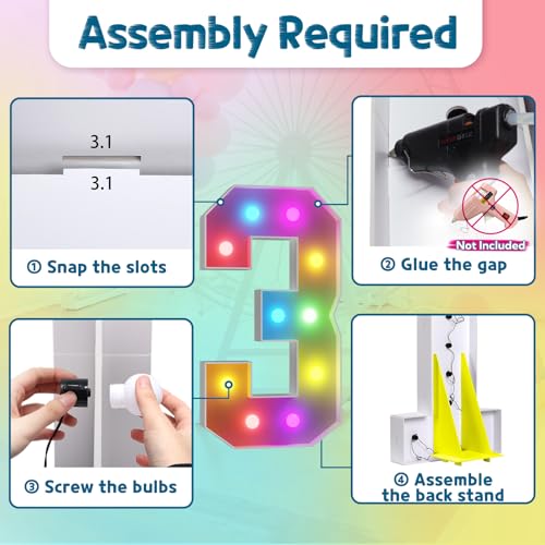 Image of Imprsv Colorful 4FT Marquee Numbers 3, 18 Colors Large Light up Numbers | RGB with Remote, Birthday Party Decorations Anniversary Wedding Decorations Assembly Required 24 Pcs Accessory Set