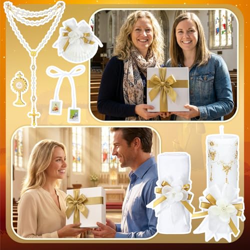 Liliful 7 Pcs White Baptism Candle Set Catholic Baptismal Candle Towel Rosary Necklace Shell Pin Pendant Christening Gift for Godparent Guest Favor Decoration First Holy Communion Gift (Fresh,Gold) by Liliful - Image 6