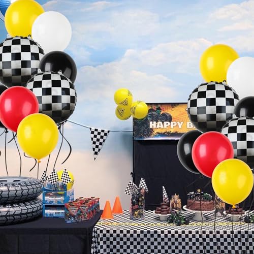 Image of Race Car Balloon Bundle 20 Pcs Checkered Balloons Yellow Red Black | Latex Balloon One Happy 1st 2nd Vintage Two Fast Theme Fast One Race Car Birthday Party Decor Supplies Kit