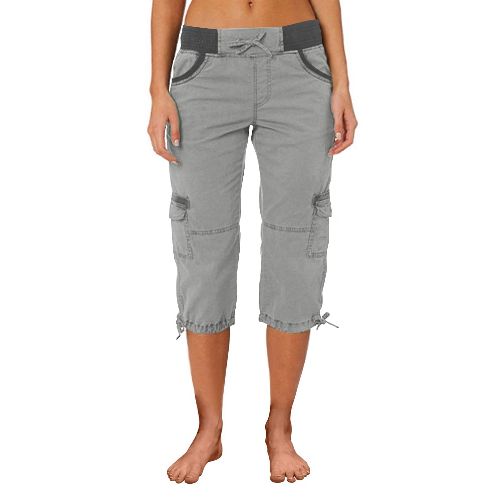 IQYU Pantalones cortos deportivos para mujer, pantalones capri de cintura alta, pantalones cargo holgados, pantalones cortos de algodón y lino, pantalones de senderismo, pantalones chinos anchos y