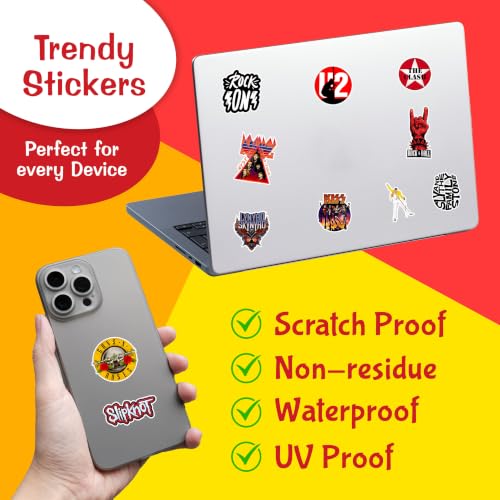 Image of 101-Pack Evergreen Rock Band Vinyl Sticker (3 Inch)- Waterproof Multicolor Self-Adhesive Decals for Laptop, Mobile Phone, Journal, Metal & Wooden Surface- Residue-Free Music Sticker Set