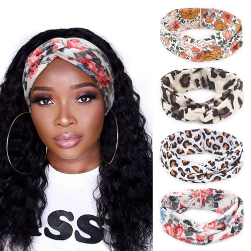 Image of DRESHOW 4 Pack Boho Non-Slip Headbands for Women Girls Yoga Workout Running Knotted Turban Floral Elastic Head Wrap