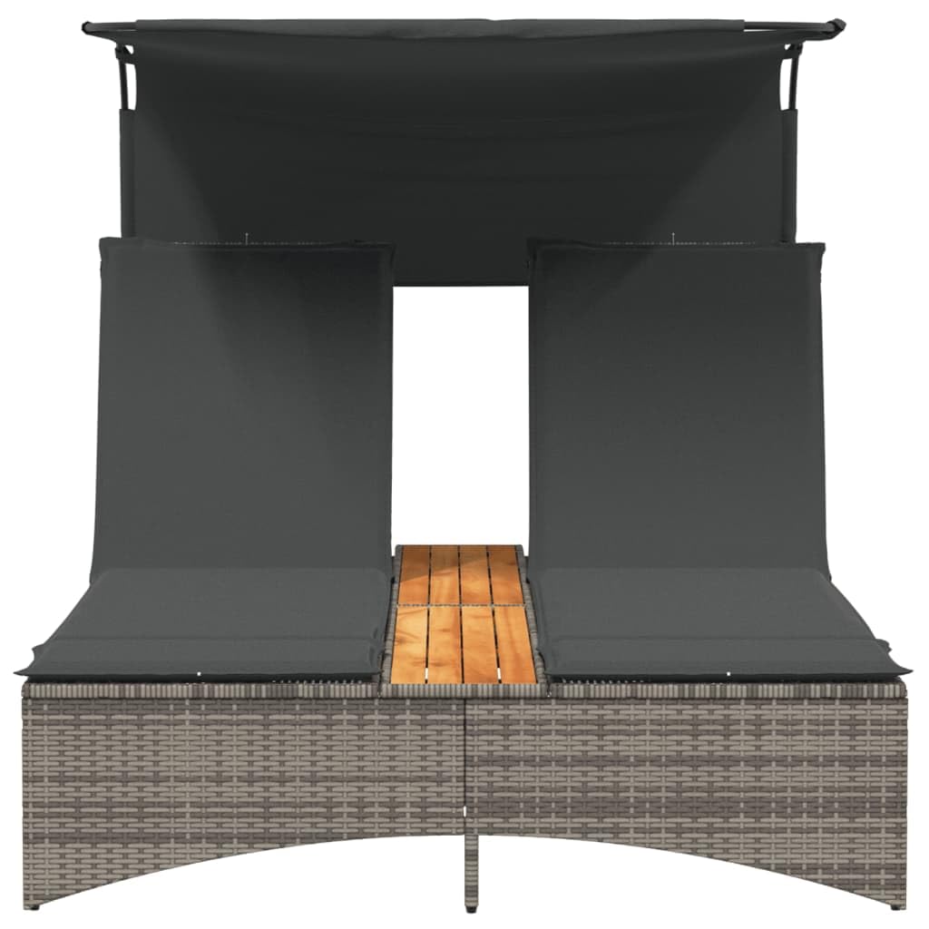 Doppel-Sonnenliege klappbar mit verstellbarem Dach 136 x 202 x 140 cm Poly-Rattan Akazienholz Gartenliege grau wetterfest für Balkon Terrasse Garten
