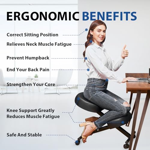 Image of Ergonomic Kneeling Chair, Meditation Chair with Height Adjustable and Cushion for Home and Office, Posture Office Stool with an Angled Seat and Casters