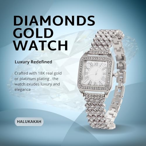 Halukakah Diamonds Watch Iced Out for Boy Teens Kids - 18K Real Gold/Platinum Plated, Square Roman Numeral Dial, Japanese Quartz - 7.7" Length - Optional with Cuban Link Chain - for Birthday, Parties2