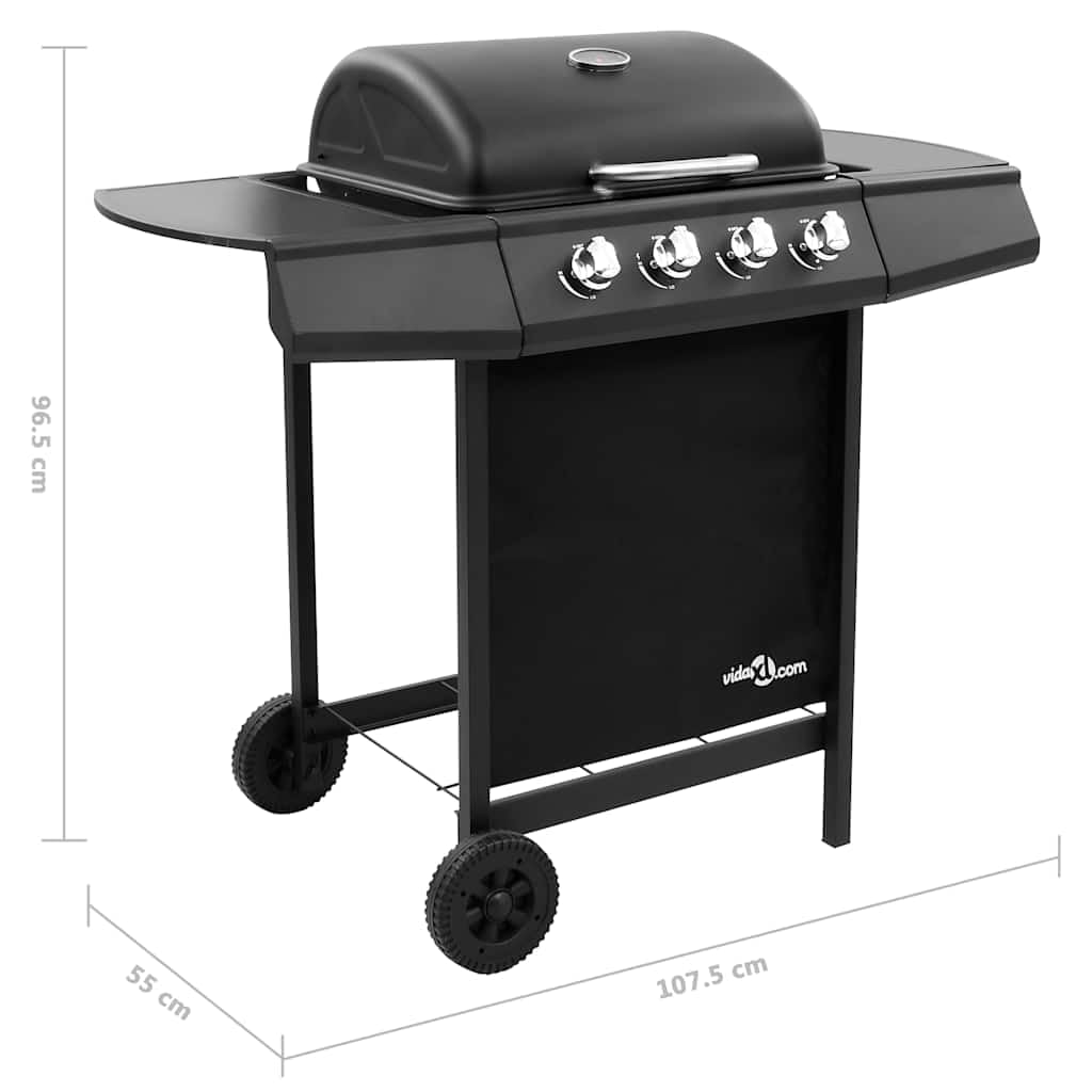 Grill gazowy z 4 płomieniami, czarny, grill ogrodowy z termometrem, powierzchnia grillowania 48,5 x 37,5 cm, łącznie z pokrywą i kółkami