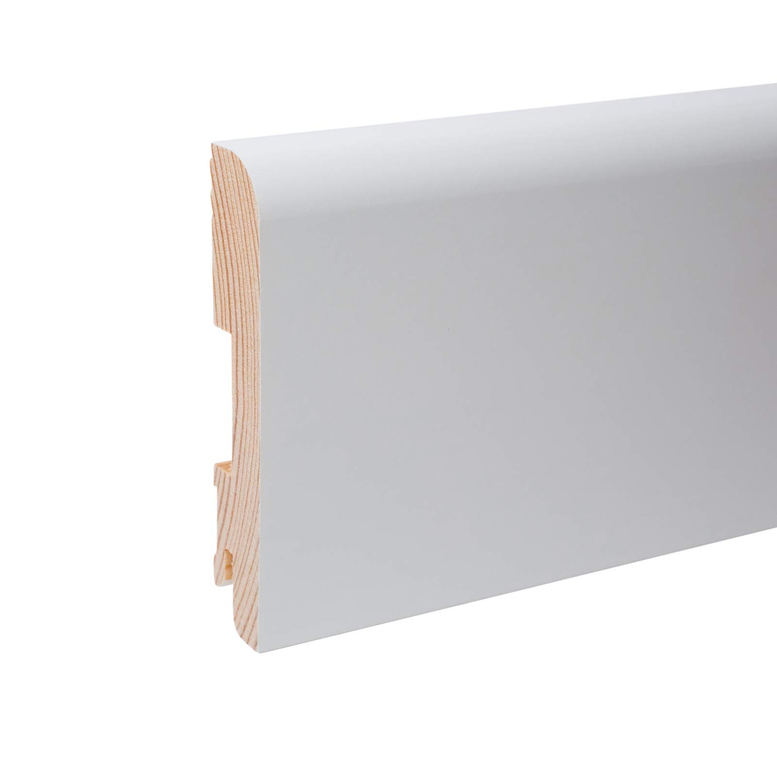 Battiscopa dal bordo rotondo in legno massiccio di colore bianco RAL9010, 24 m