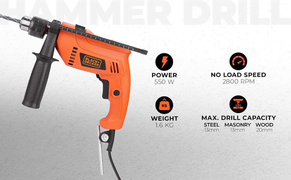 BLACK+DECKER HD555KA50 550W 13mm Variable Speed Reversible Impact Drill Kit with 50 Accessories Kitbox for Home and Professional use - Image 2 thumbnail