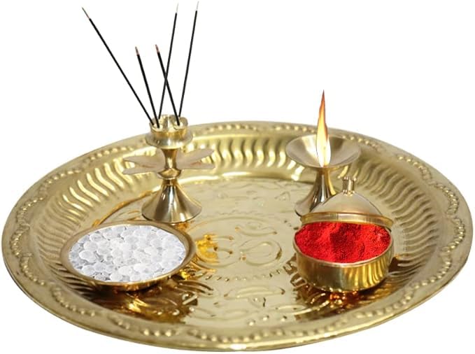 Universal Hub Pooja Thali Set Indian Round Plate Hindu Pooja Item Home Decoration Brass Items Aarti Plate Hindu Pooja Samagri Puja Thali Temple Accessories Set Of 5 Pcs Indian Gifts
