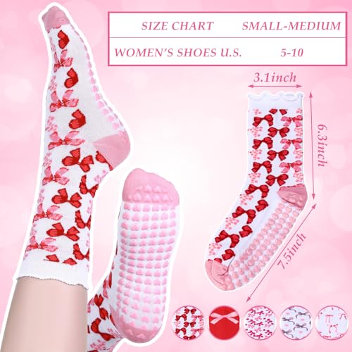 10 Pairs Cute Pilates Socks with Grips Ruffle Cuff Grips Christmas Gifts for Girl Women Coquette Pink Bow Pilates Crew Socks for Women Crew Non Slip Cute Yoga Ballet Gift2