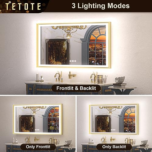 TETOTE 24x36 Gold LED Bathroom Mirror - Frontlit & Backlit, Dimmable, Anti-Fog, Waterproof, Wall Mounted (Horizontal/Vertical)