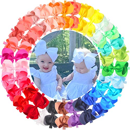 30 Pieces Colors Handmade 6 Inches Grosgrain Ribbon Big Hair Bows Headbands for Baby Girls Infant Toddlers and Kids