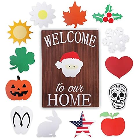 Holiday Welcome Sign for Front Door by Onyx Haus, Halloween Housewarming Gift- Large, Interchangeable Decorations w/ 14 Unique Seasonal Pieces 11"x15" Cover