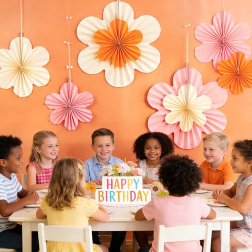 Image of PAPER JAZZ Spring Paper Flowers Decoration Summer Orange Birthday Party Decoration Orange Pink Groovy Paper Fans Classroom for Wall Hanging Decor for Office Baby Shower Bulletin Board.
