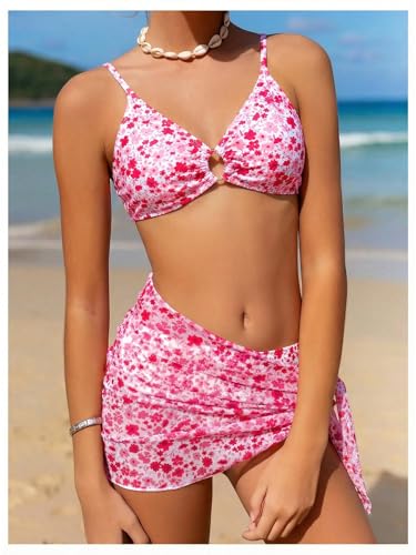 Image of OYOANGLE Girl's 3 Piece Bikini Sets Floral Print Spaghetti Straps Cute Swimsuits with Beach Skirt Bathing Suits