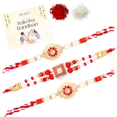 Image of Peora Rakhshabandhan Thread Rakhi for Brother Bhaiya | Crystals & Kundan Studded | Combo, Set of 3 | Rakhi Hamper with Roli Chawal & Greeting Card