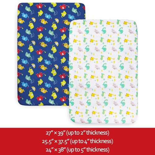 Image of Pack and Play Sheets Boys, 2 Pack Mini Crib Sheets, Stretchy Playard Fitted Sheet, Compatible with Graco Pack n Play, Soft and Breathable Material, Dinosaur & Elephant