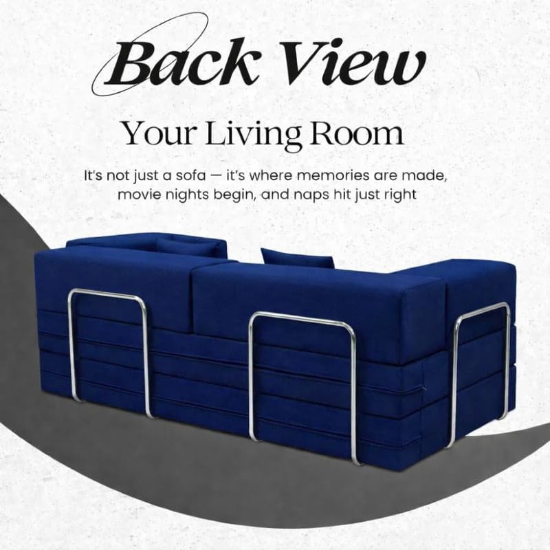 Image of Adorn India Easy Premium Modular 4 Seater Sofa Cum Bed | Velvet Suede Fabric | Colour Blue | Modern Design | Size 6x6 Fit | Comfortable for Seat & Sleep | Washable Cover | Perfect for Home & Office