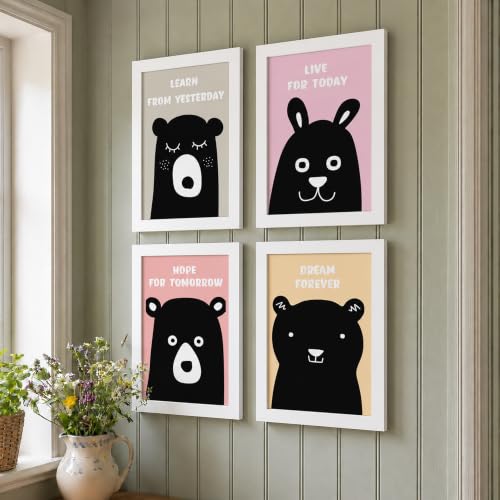 Image of PAINTINGMANTRA Animal Bear Colourful Nursery Wall Art Painting for Kids Room Decoration, Bear Cartoon Painting For Home Decor Wall Hanging Decorative gifts, Set of 4, 9x13 Inch