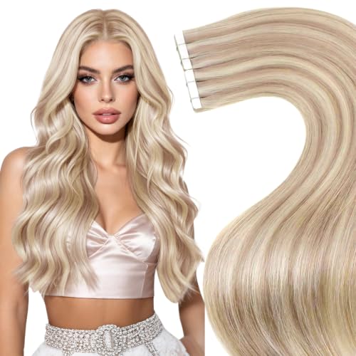 Image of LaaVoo Tape in Hair Extensions Light Ash Blonde Highlight Heat Resistant | 20Pcs, Tape in Extensions, Professional Salon Hair Extensions, Seamless, for Short Straight Hair, Effortless, 30G 12Inch