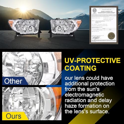 Image of GRAND ORANGE Headlights Assembly Compatible with Toyota Tundra 2007-2013, Fit Toyota Sequoia 2008-2017 Driver & Passenger Side 811100C051 811500C051 TO2503171 TO2502171 Clear Lens Chrome Housing