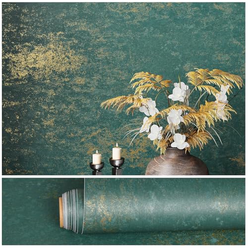 VEELIKE Distressed Tapete Betonoptik Teal Gold Klebefolie Grün Gold Metallic Tapete Schlafzimmer Klebefolie Grastuch Tapeten Wohnzimmer Möbelfolie Klebetapete Selbstklebend Wand 40 cm × 300 cm