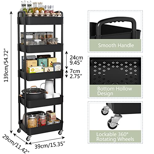 Sywhitta 5-Tier Plastic Rolling Utility Cart With Handle, Multi-Functional Storage Trolley For Office, Living Room, Kitchen, Movable Storage Organizer With Wheels, Black #TOP2