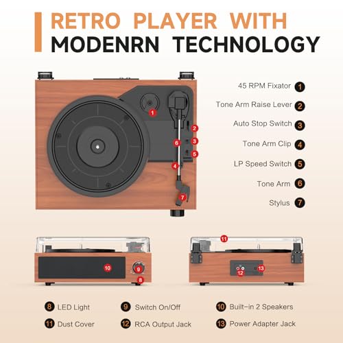 Image of Vinyl Record Players Vintage Turntable with Speakers Belt-Driven Turn Tables Support 3-Speed Bluetooth Wireless Playback RCA Line LP Phonograph Auto Stop Retro Walnut Red