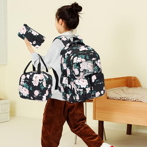 Floral School Backpack for Teens Girls, 3PCS Refrigerator Door Backpacks with Insulated Lunch Box Pencil Bag for Kids Women Students2