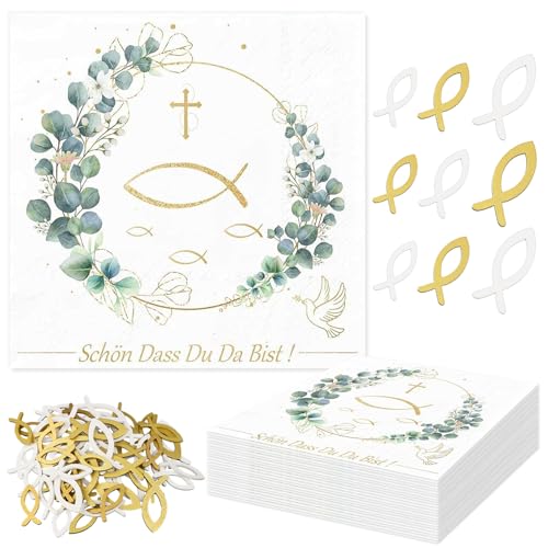 40 Stück Servietten und 60 Stück Holz Fische, Kommunion Deko,Taufe Konfirmation Tischdeko mit Eukalyptus und Fisch Design,Schön Dass Du Da Bist,33 x 33cm