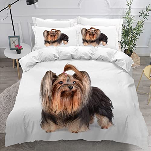 ZLKEJI 3D Chien de Compagnie Housse de Couette 240x260cm,Yorkshire Terrier Parure de Lit,Blanc Animal Chien Housse Couette Enfants Garçon Fille 2 Personne ,2 Taies d'Oreillers 50x75cm Cover
