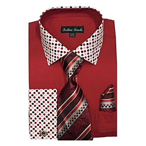 Men's French Cuff Dress Shirt w/ Polka Dot Contrast Collar & Tie, Hanky Set #630 (16 - 16 1/2, 34/35, Red) Cover