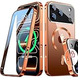 Rosycover【新次元の一体型レンズ・メカニカルロック】iPhone 17 Pro Max 用の ケース Magsafe対応[360°全面保護・両面強化ガラス][本体の色・CD Magsafeリング]マグセーフ ワイヤレス充電対応 ストラップホール付き アルミ合金バンパース アイホン17プロマックス 金属 ケースマホケース17 Pro Max クリア 人気 6.9インチ (オレンジ色)