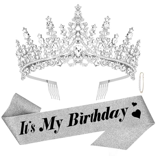 CURASA Birthday Tiara and Sash - Silver Birthday Crown for Women,...