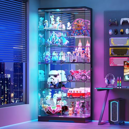 Lvifur Vitrina de cristal con iluminación LED y puertas de cristal para salón, dormitorio, 35 x 78 x 180 cm, 5 capas, con sensor inteligente para coleccionables, vino, negro