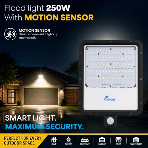 Image of Forus 250W LED Flood Light Natural White with Motion Sensor Auto On Off Day Night Mode Waterproof Outdoor Light for Garden Parking Factory Warehouse Shop High Bright Floodlight 4Yr Warranty -1Pc