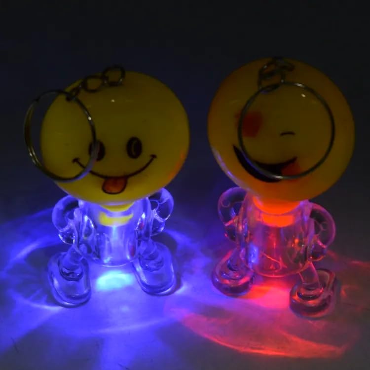 GenericAK Store (Pack of 4) Plastic Smiley Emoji Shape 2-in-1 Keychain with On/Off Button LED Flashing Light, Emoji Keyrings for Car, Scooty, Girls Boys Gifts Keychain, Bag Pendant