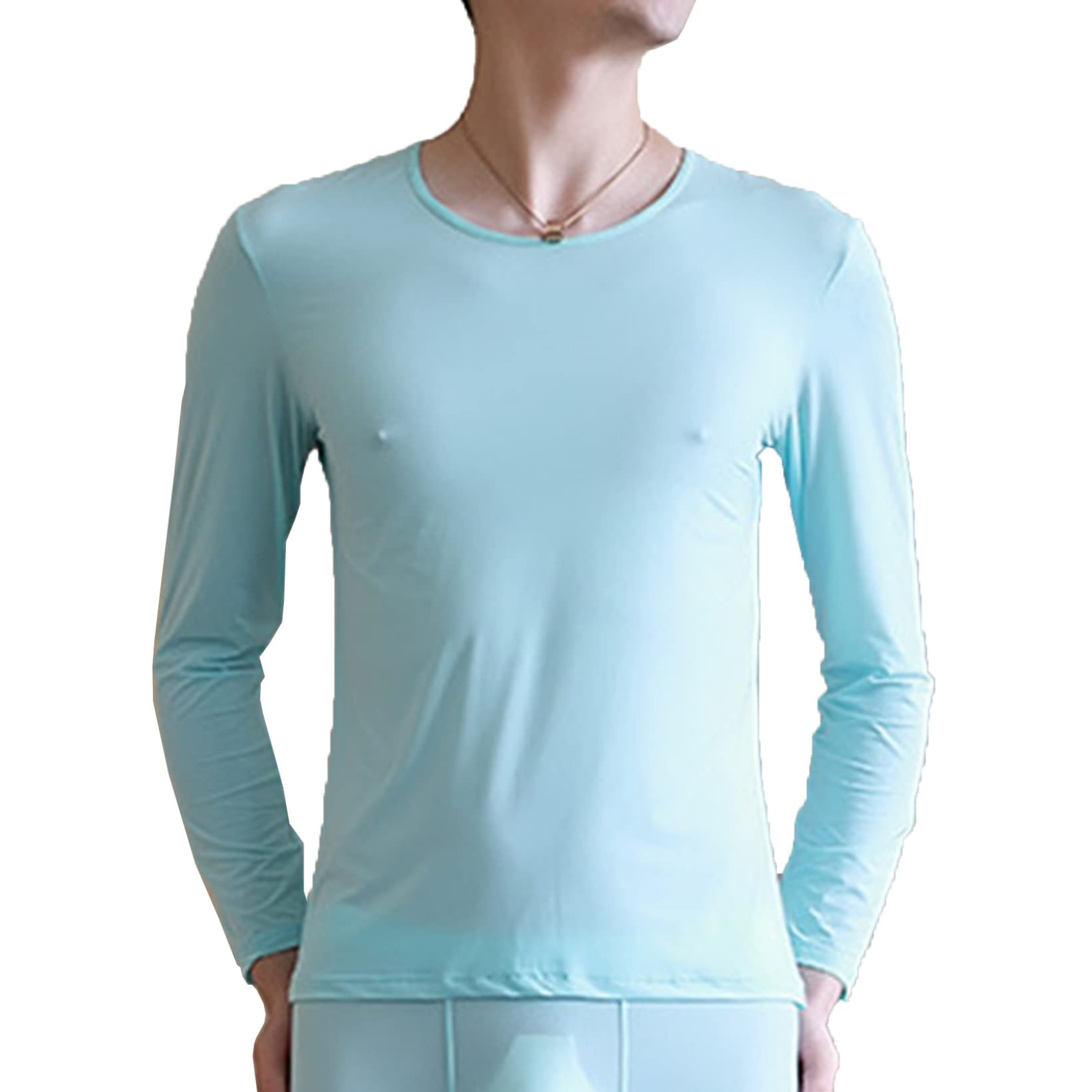 Mufeng Mens Slim Fit Soft Crewneck Long Sleeve Pullover Lightweight T-Shirt Sweatshirt Thermal Underwear Top Undershirts Light Blue 3X-Large